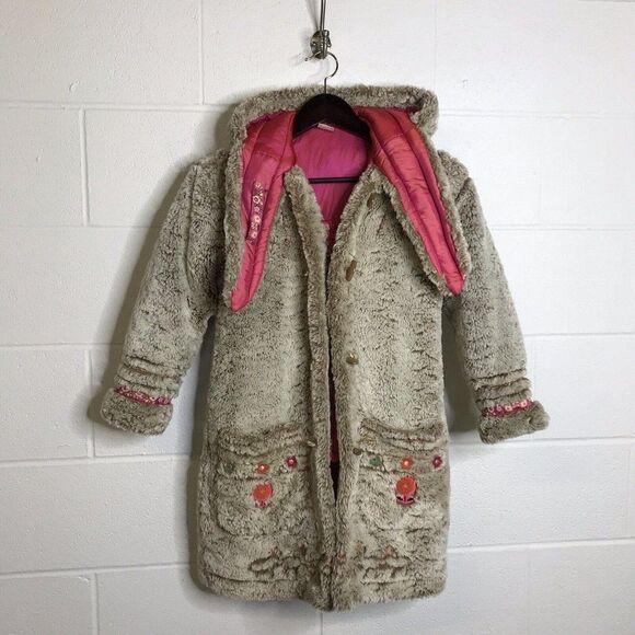 Oilily Girls Long Sherpa Coat Hooded Full Zip Embroidered Ribbons Size 140 10Y - Picture 1 of 12